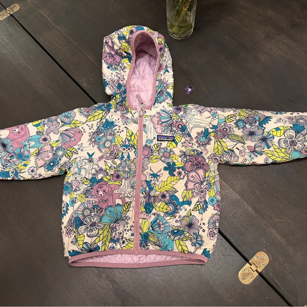 Patagonia Toddler 3T Girls Reversible Quilted Hooded Jacket Floral Pink